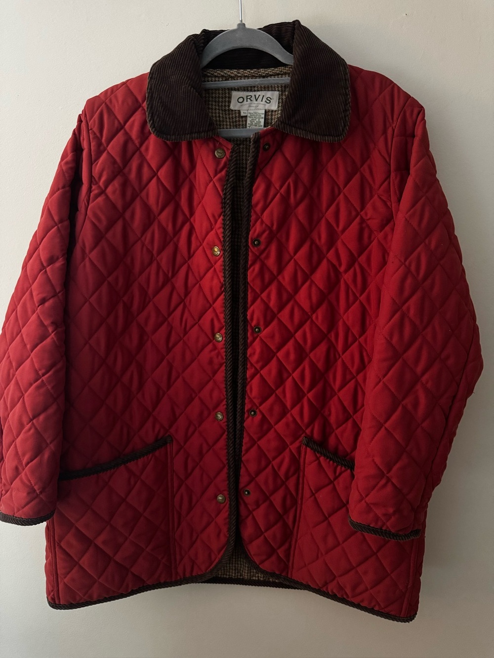 Orvis Women's Red Quilted Chore Jacket with Corduroy Collar and Plaid Lining